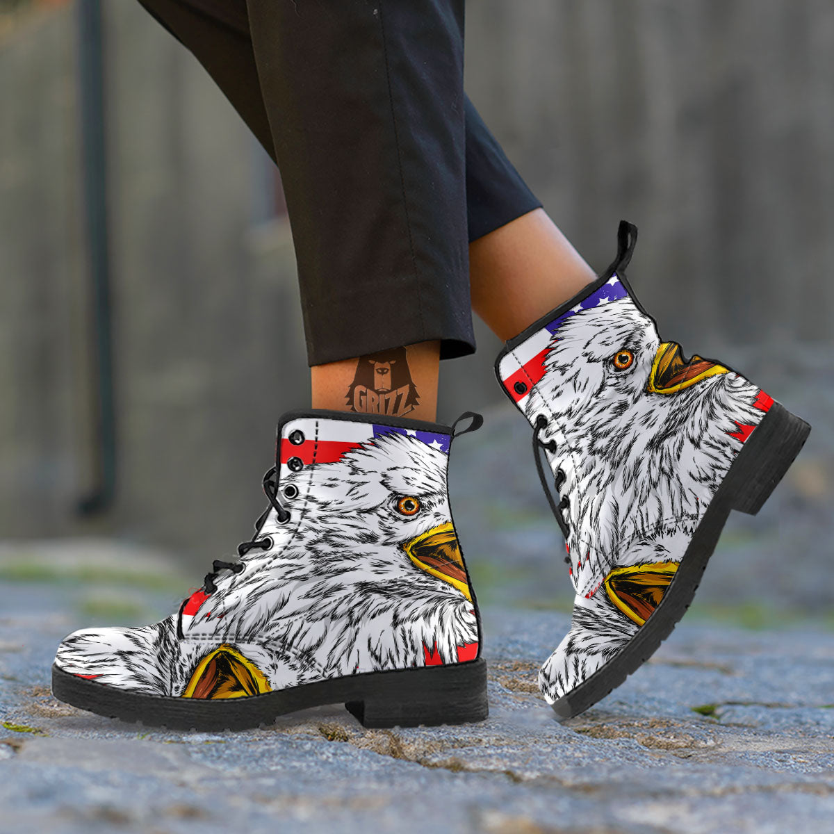 American Flag Eagle Print Leather Boots-grizzshop