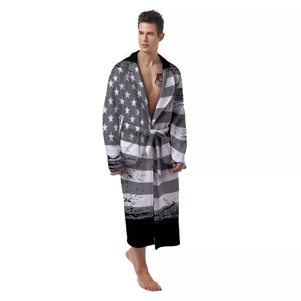 American Flag Grey Grunge Print Men's Robe-grizzshop