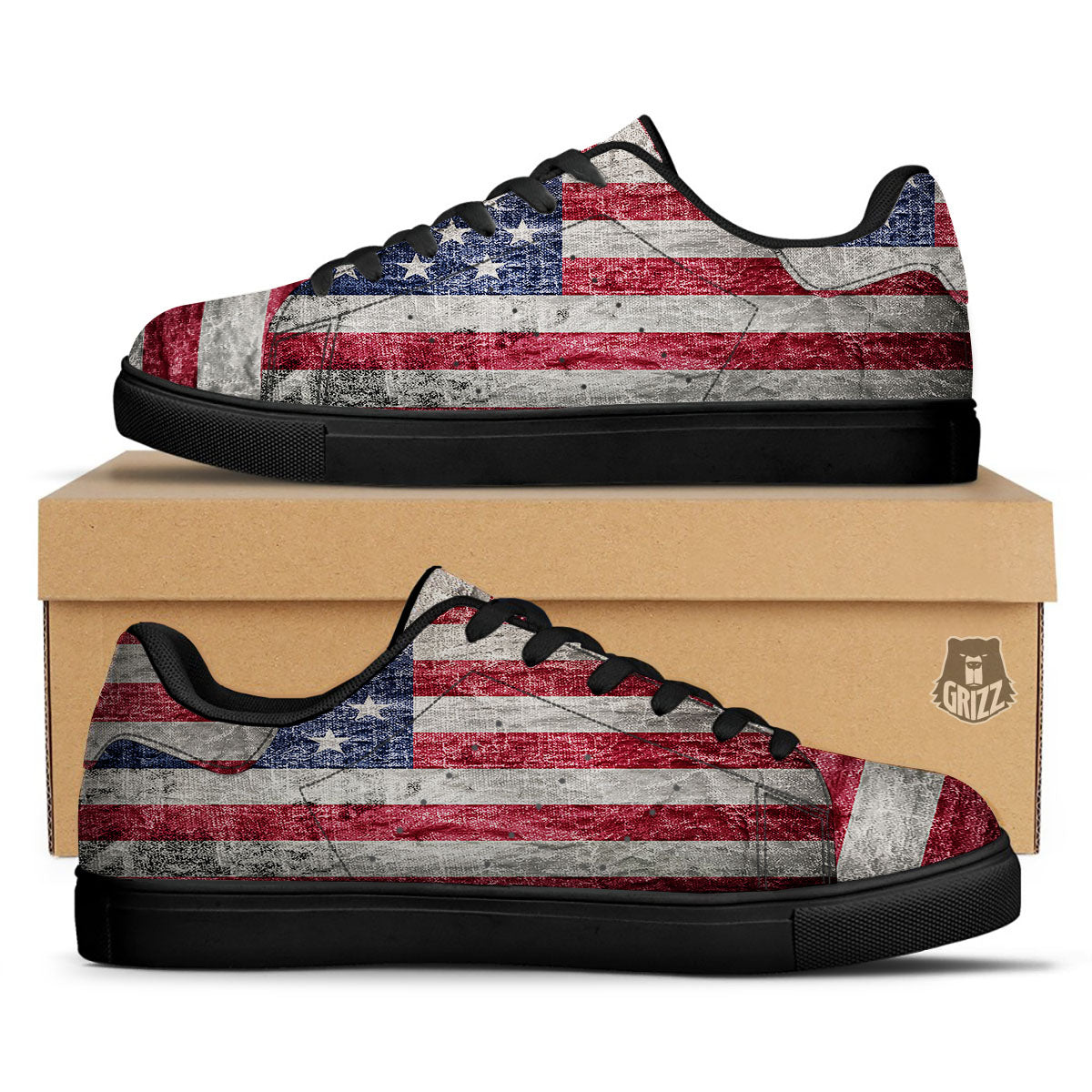 American Flag Grunge Print Black Low Top Sneakers-grizzshop