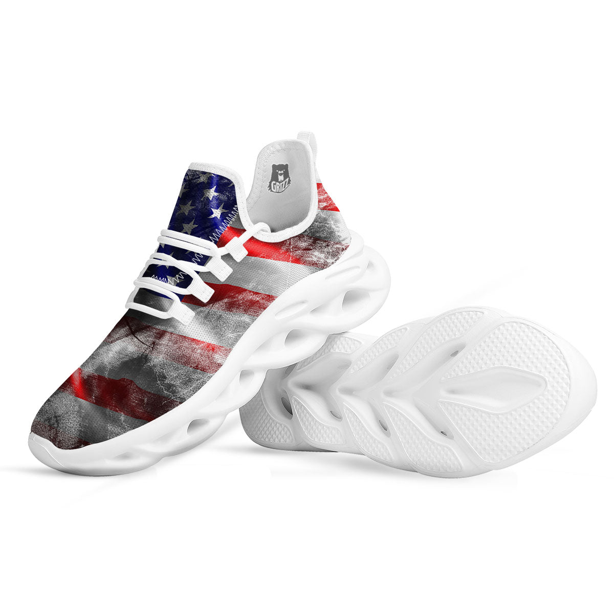 American Flag Grunge Ripped Paper Print White Running Shoes-grizzshop