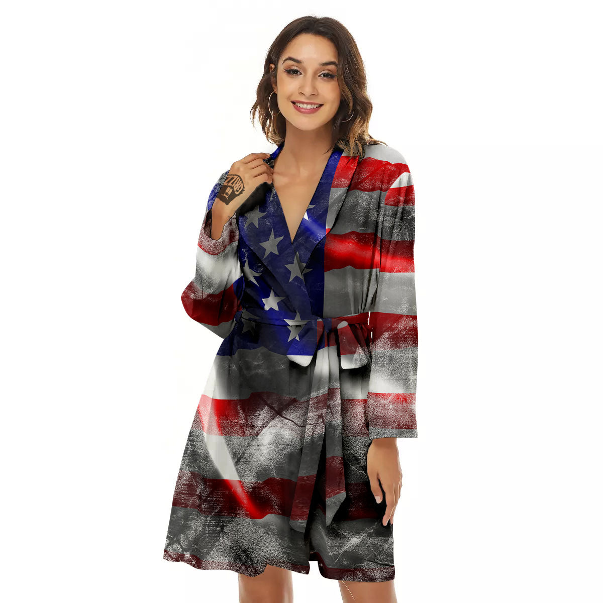 American Flag Grunge Ripped Paper Print Women's Robe-grizzshop