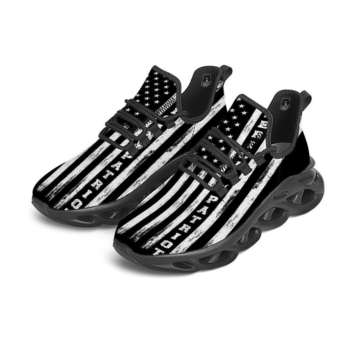 American Flag Grunge White And Black Print Black Running Shoes-grizzshop