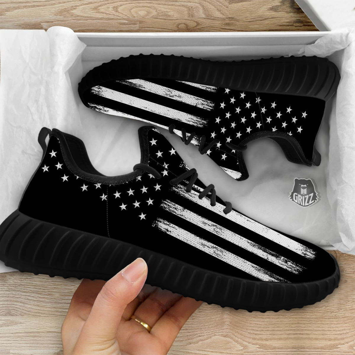 American Flag Grunge White And Black Print Black Walking Shoes-grizzshop