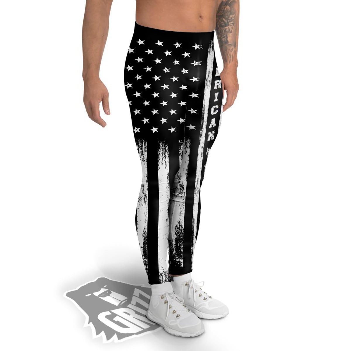 American Flag Grunge White And Black Print Men's Leggings-grizzshop