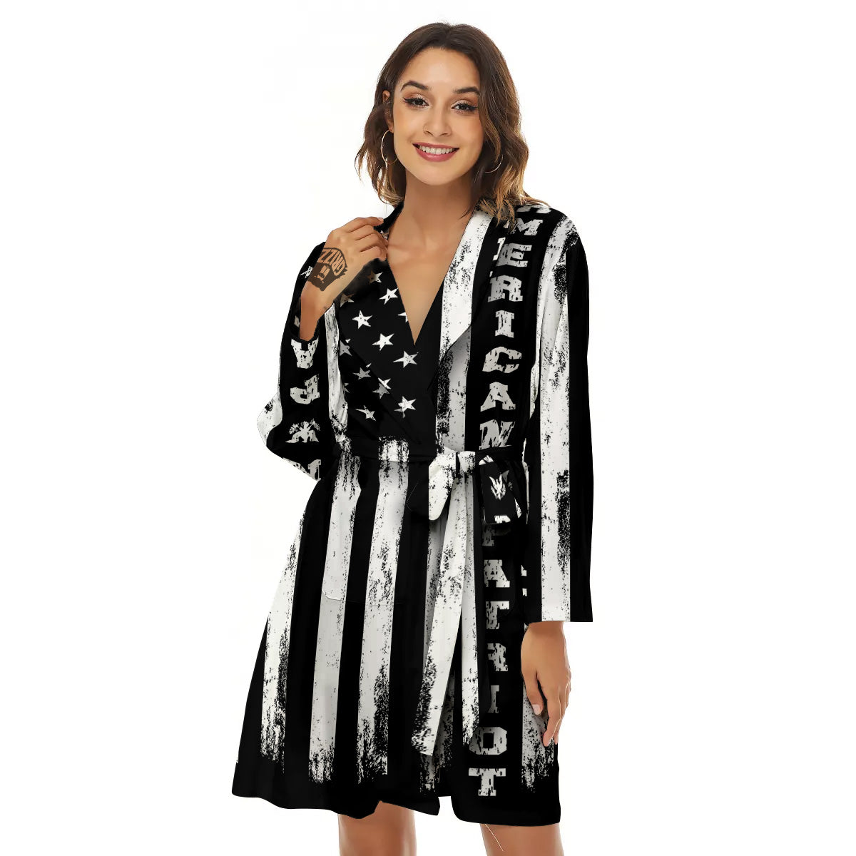 American Flag Grunge White And Black Print Women's Robe-grizzshop