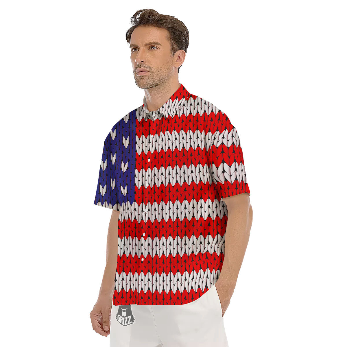 American Flag Knitted Print Men's Short Sleeve Shirts-grizzshop
