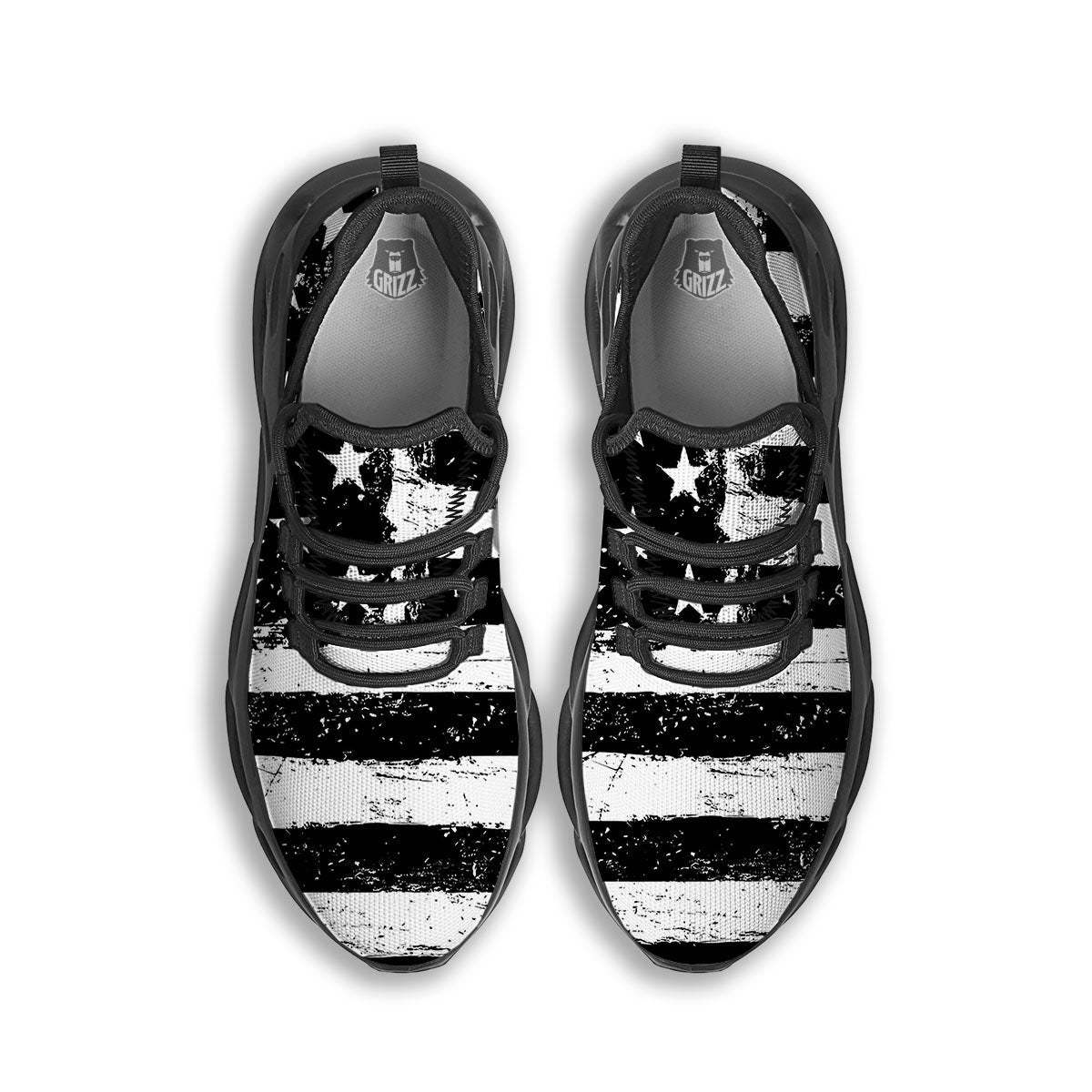 American Flag Monochrome Grunge Print Black Running Shoes-grizzshop