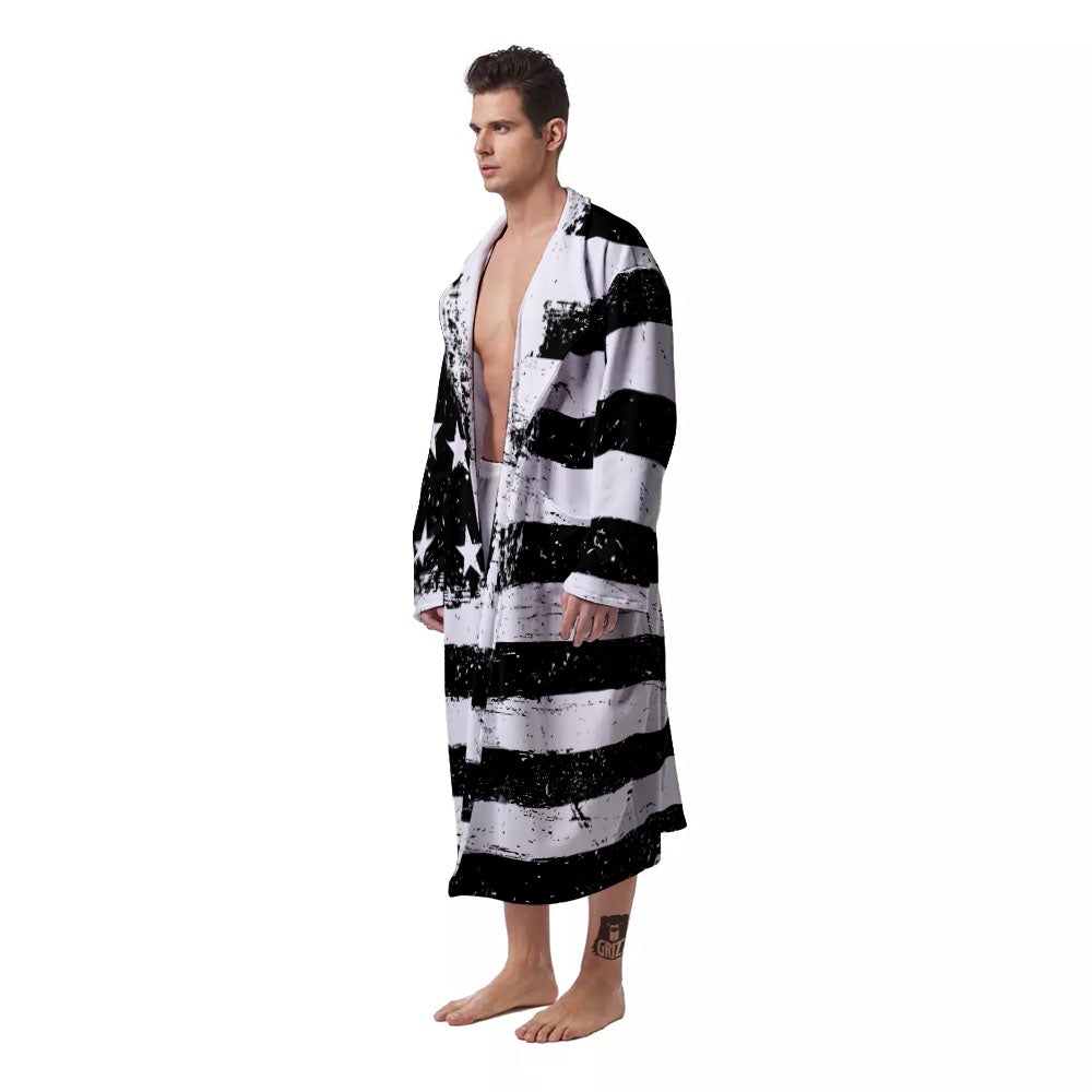 American Flag Monochrome Grunge Print Men's Robe-grizzshop