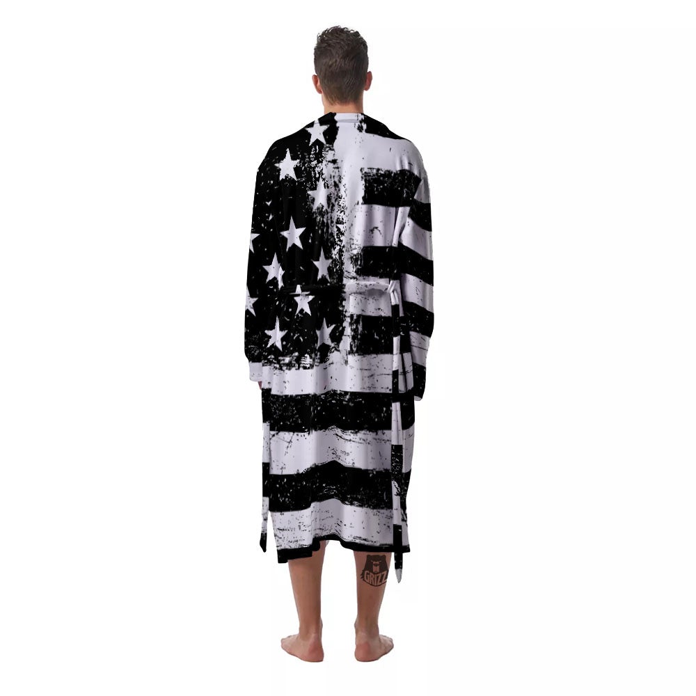 American Flag Monochrome Grunge Print Men's Robe-grizzshop