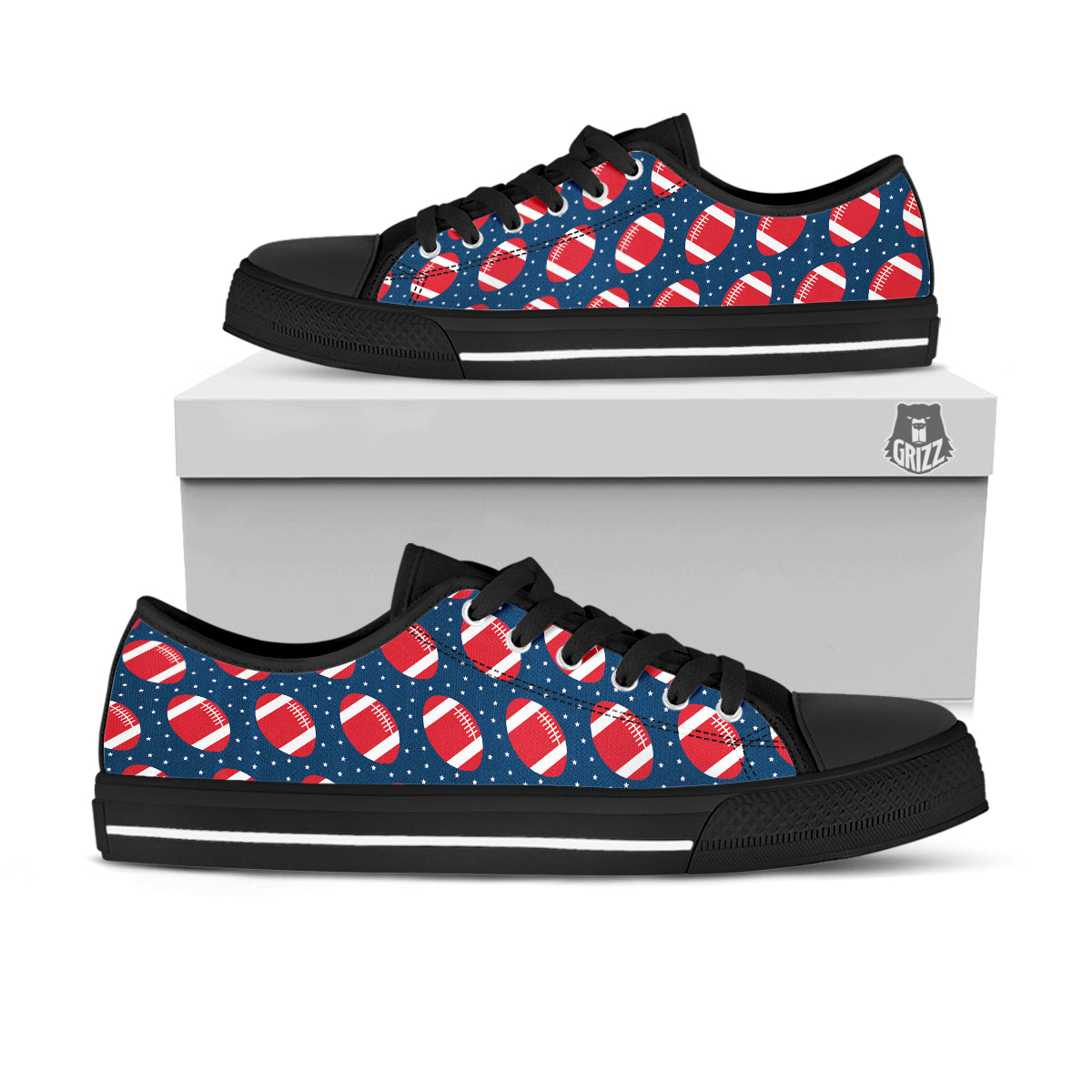 American Football Ball Print Pattern Black Low Top Shoes-grizzshop