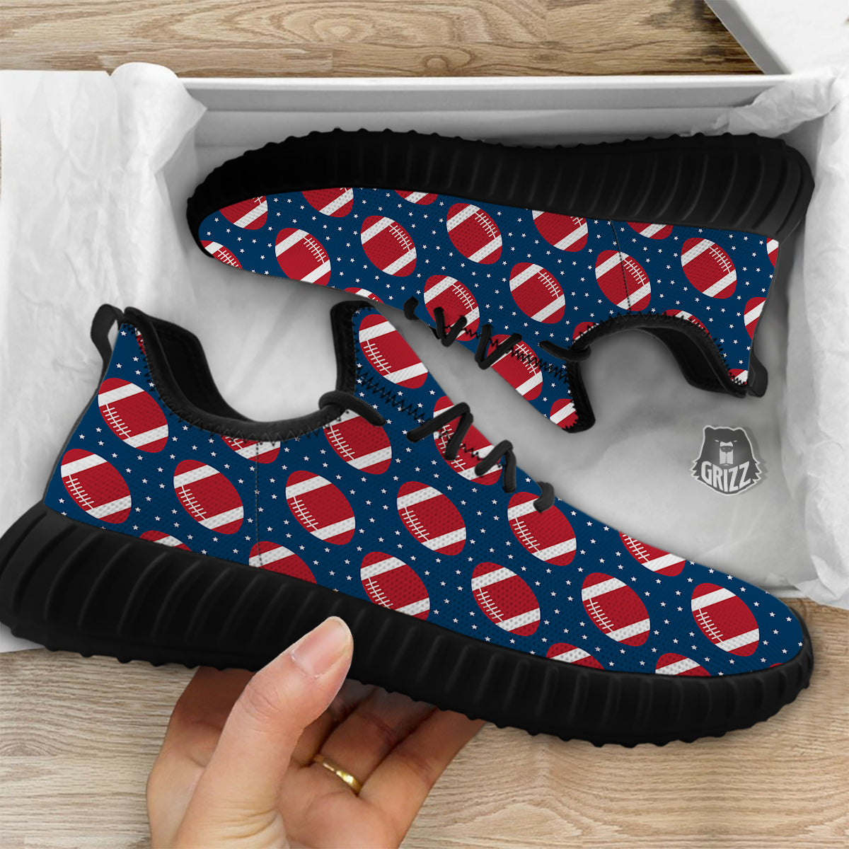 American Football Ball Print Pattern Black Walking Shoes-grizzshop