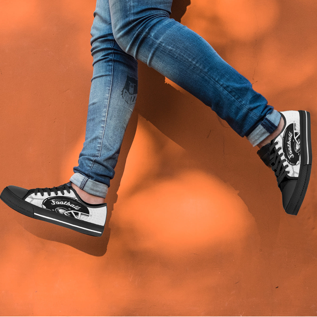 American Football White And Black Print Black Low Top Shoes-grizzshop