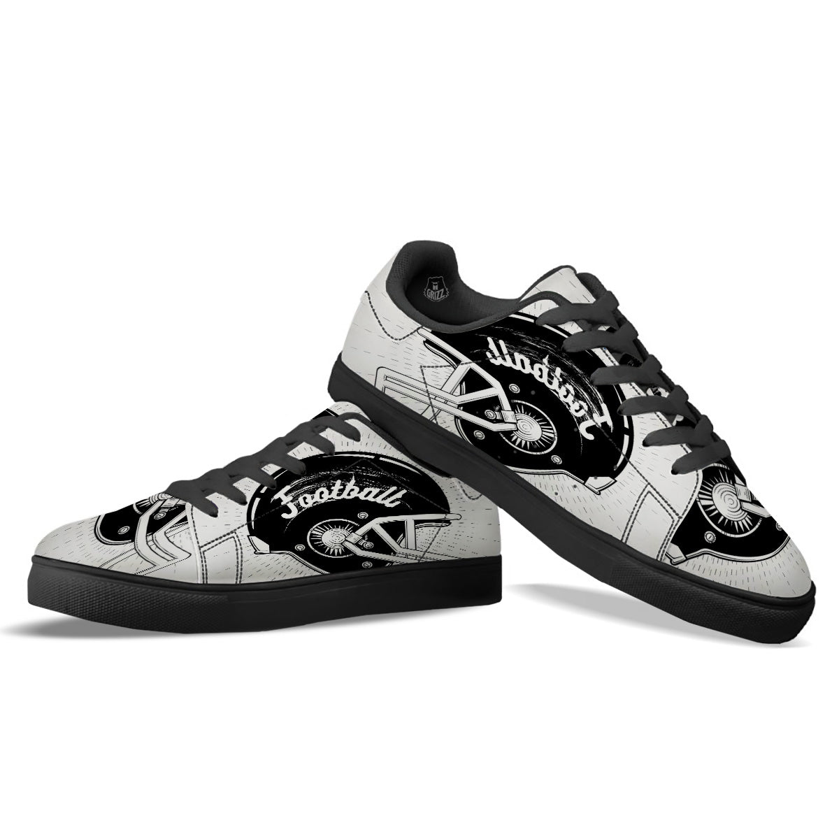 American Football White And Black Print Black Low Top Sneakers-grizzshop