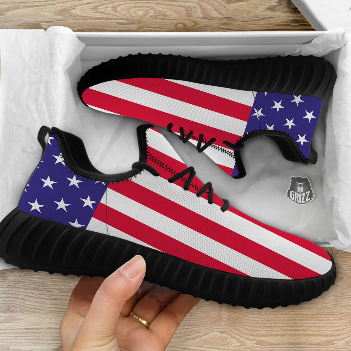 American Military Flag Print Black Walking Shoes-grizzshop