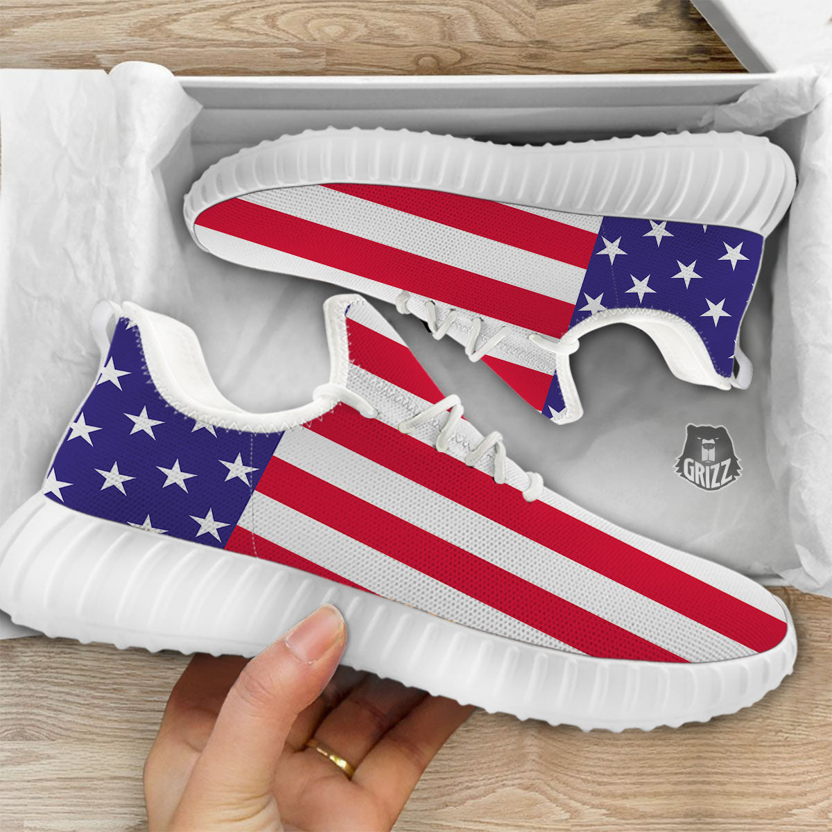 American Military Flag Print White Walking Shoes-grizzshop