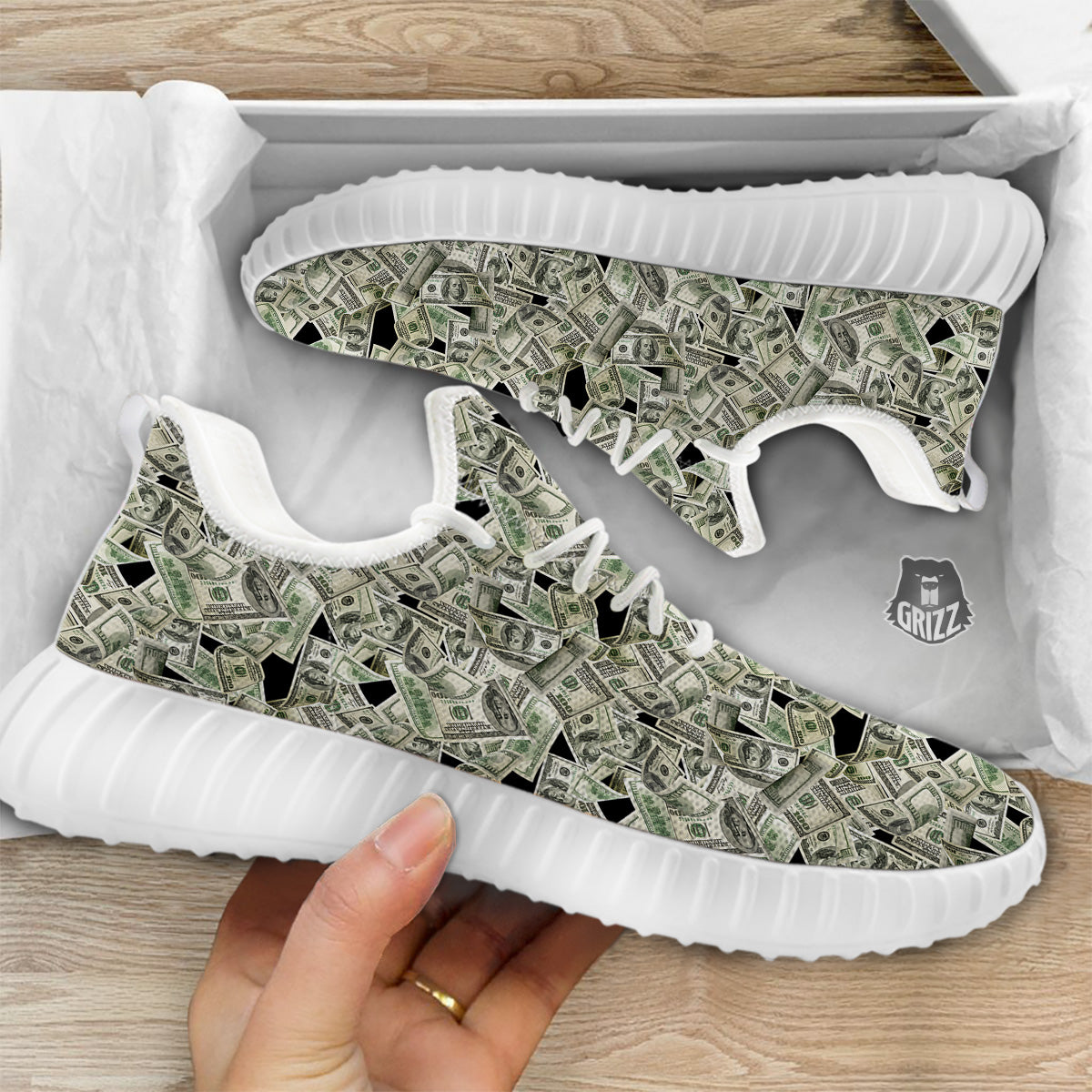 American Money US Dollars Print Pattern White Walking Shoes-grizzshop