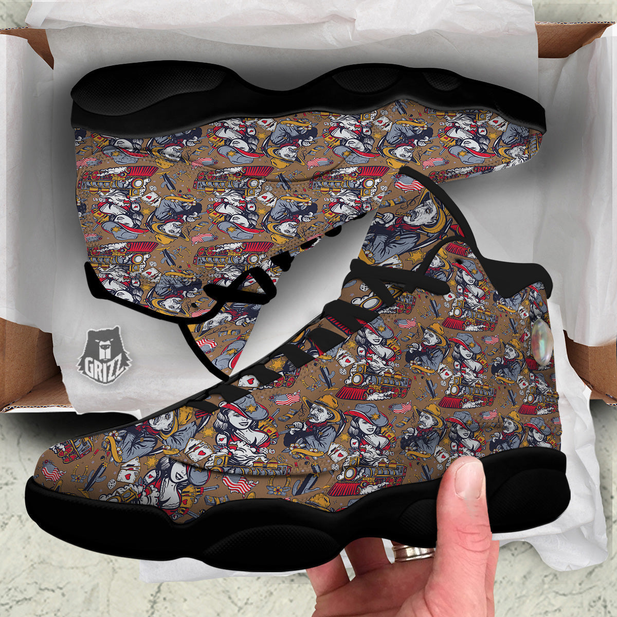American Old West History Print Pattern Black Basketball Shoes-grizzshop