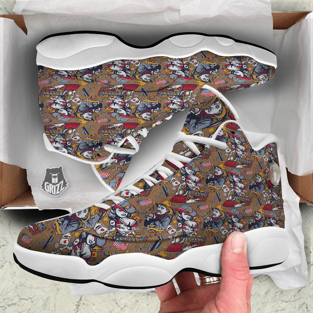American Old West History Print Pattern White Basketball Shoes-grizzshop