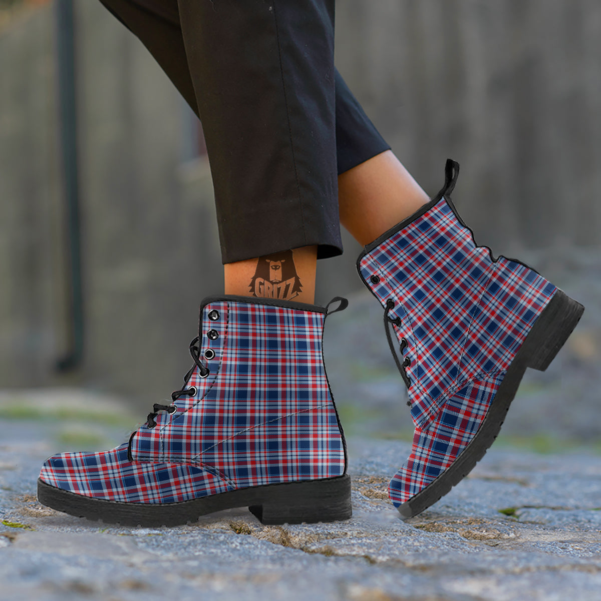 American Plaid Print Pattern Leather Boots-grizzshop