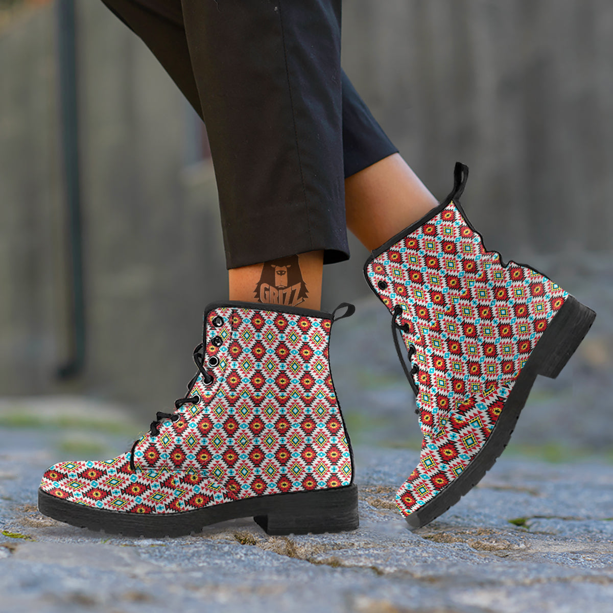 American Turquoise Native Print Pattern Leather Boots-grizzshop