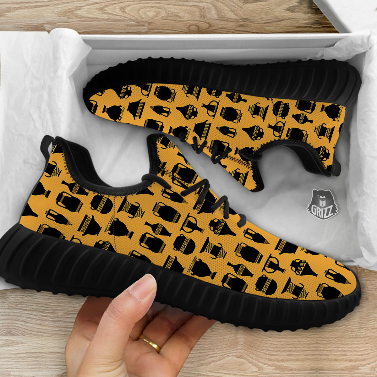 Amphora Black And Yellow Print Pattern Black Walking Shoes-grizzshop