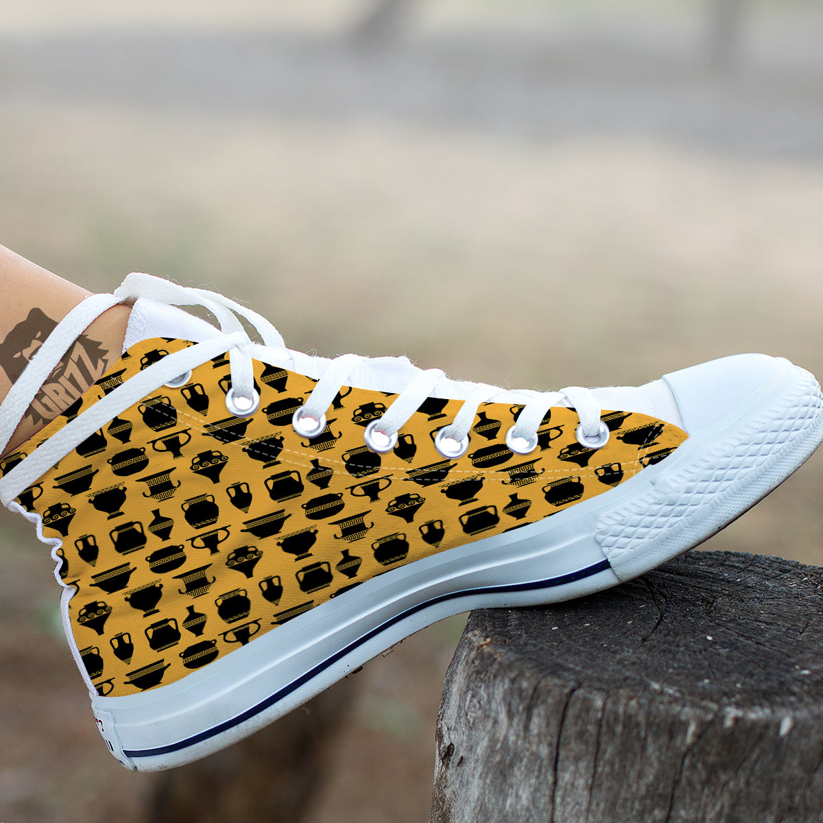 Amphora Black And Yellow Print Pattern White High Top Shoes-grizzshop