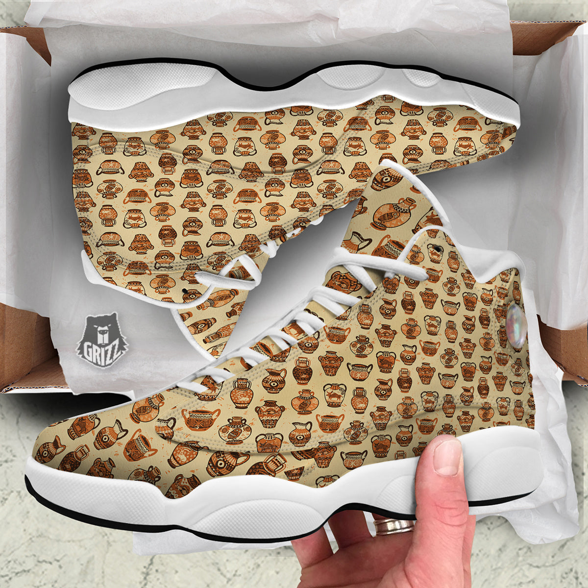 Amphora Greek Vintage Print Pattern White Basketball Shoes-grizzshop