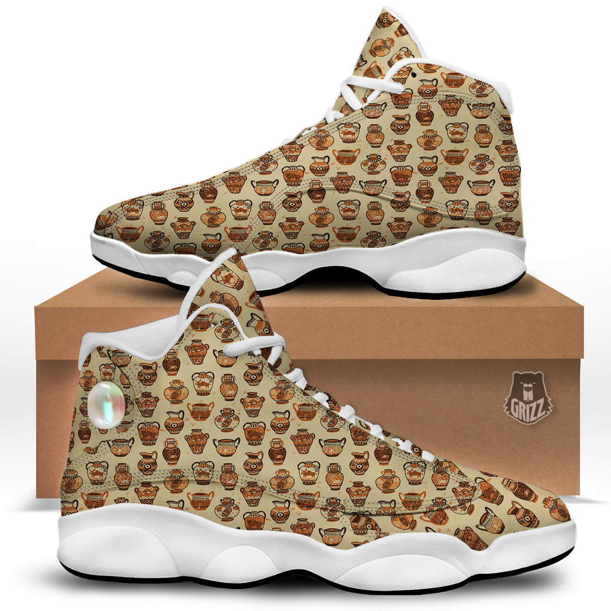 Amphora Greek Vintage Print Pattern White Basketball Shoes-grizzshop