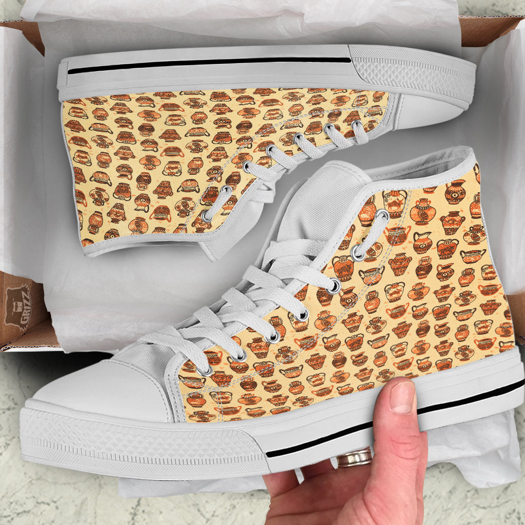 Amphora Greek Vintage Print Pattern White High Top Shoes-grizzshop
