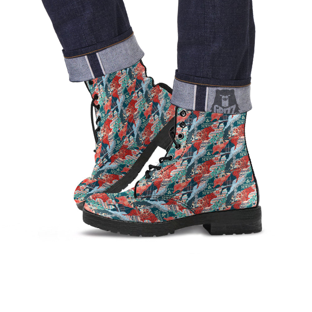 Anchor Abstract Nautical Print Pattern Leather Boots-grizzshop