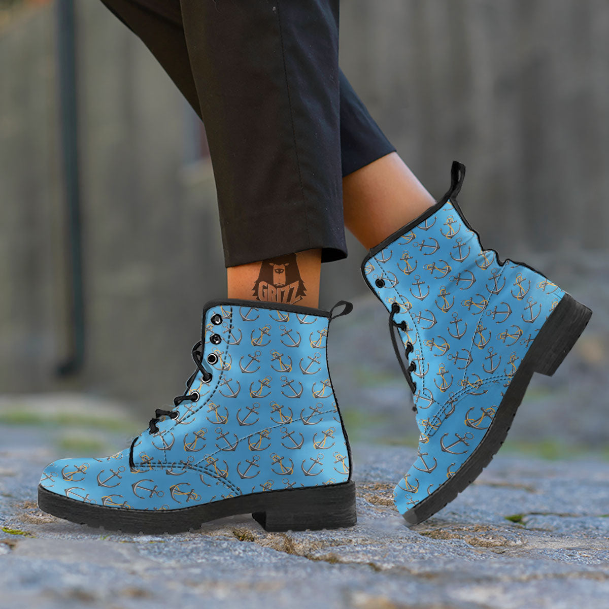 Anchor Nautical Print Pattern Leather Boots-grizzshop