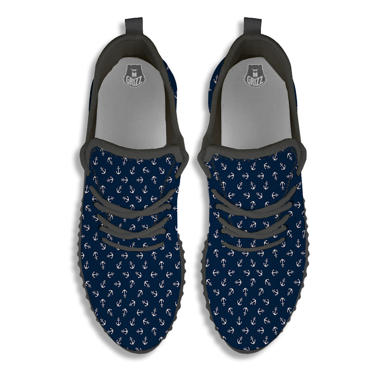 Anchor White And Blue Print Pattern Black Walking Shoes-grizzshop