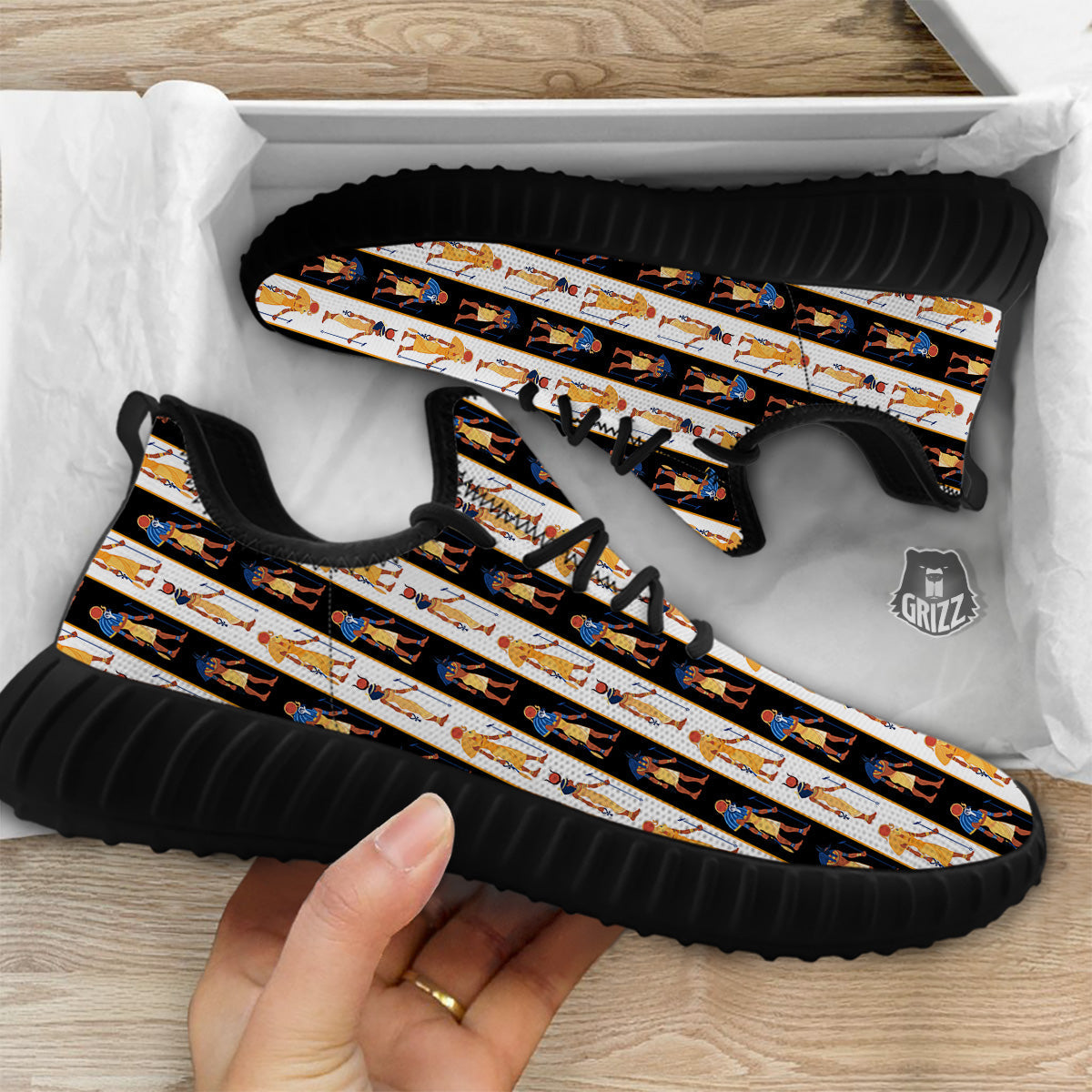 Ancient Egypt Stripe Print Pattern Black Walking Shoes-grizzshop