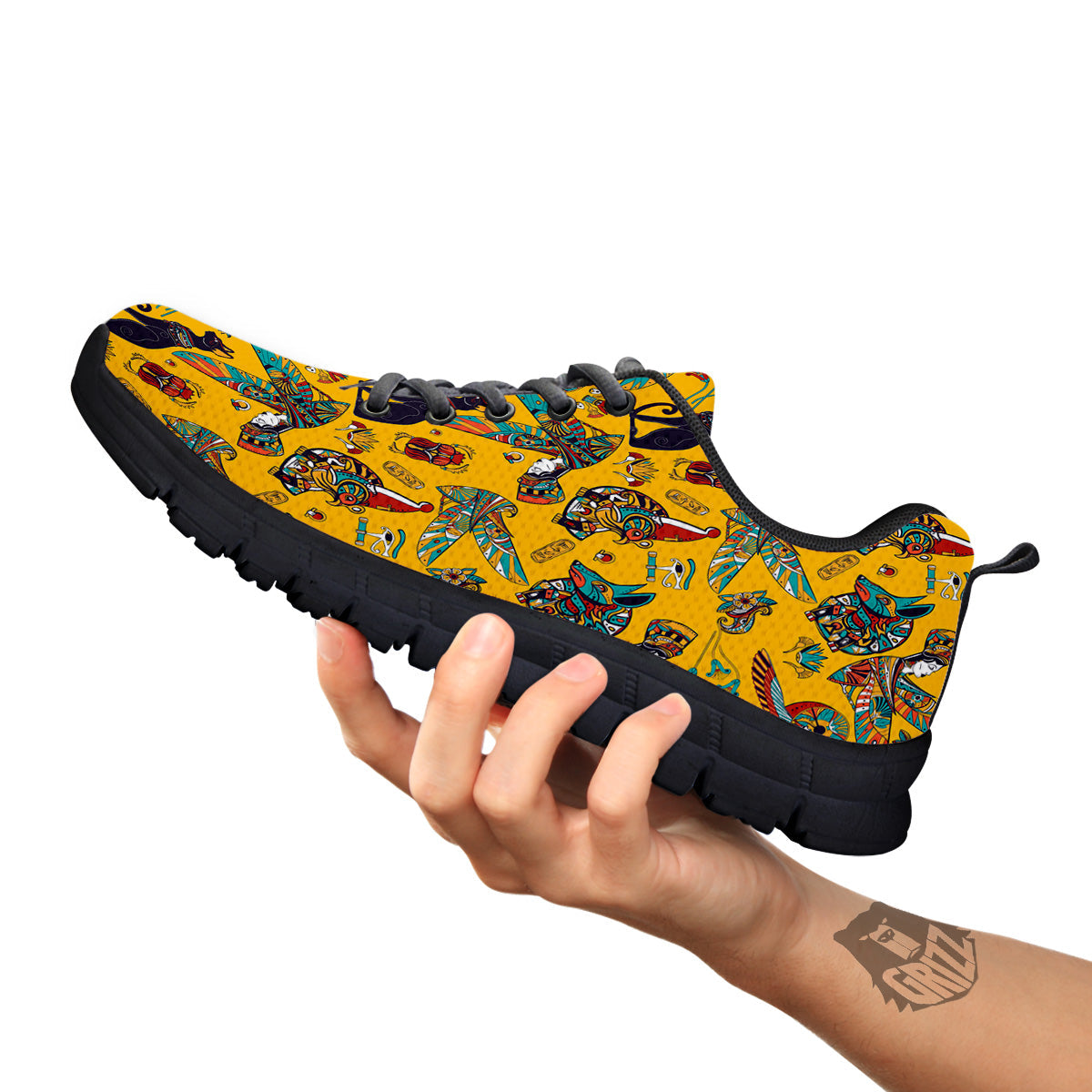 Ancient Egypt Yellow Print Pattern Black Sneaker-grizzshop