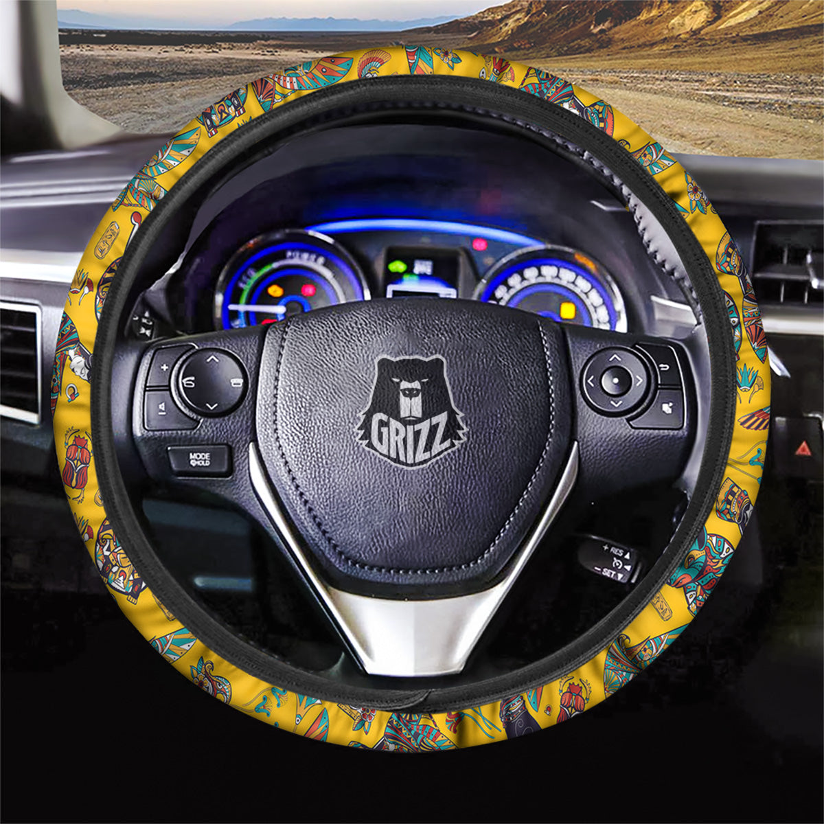 Ancient Egypt Yellow Print Pattern Car Steering Wheel Cover-grizzshop