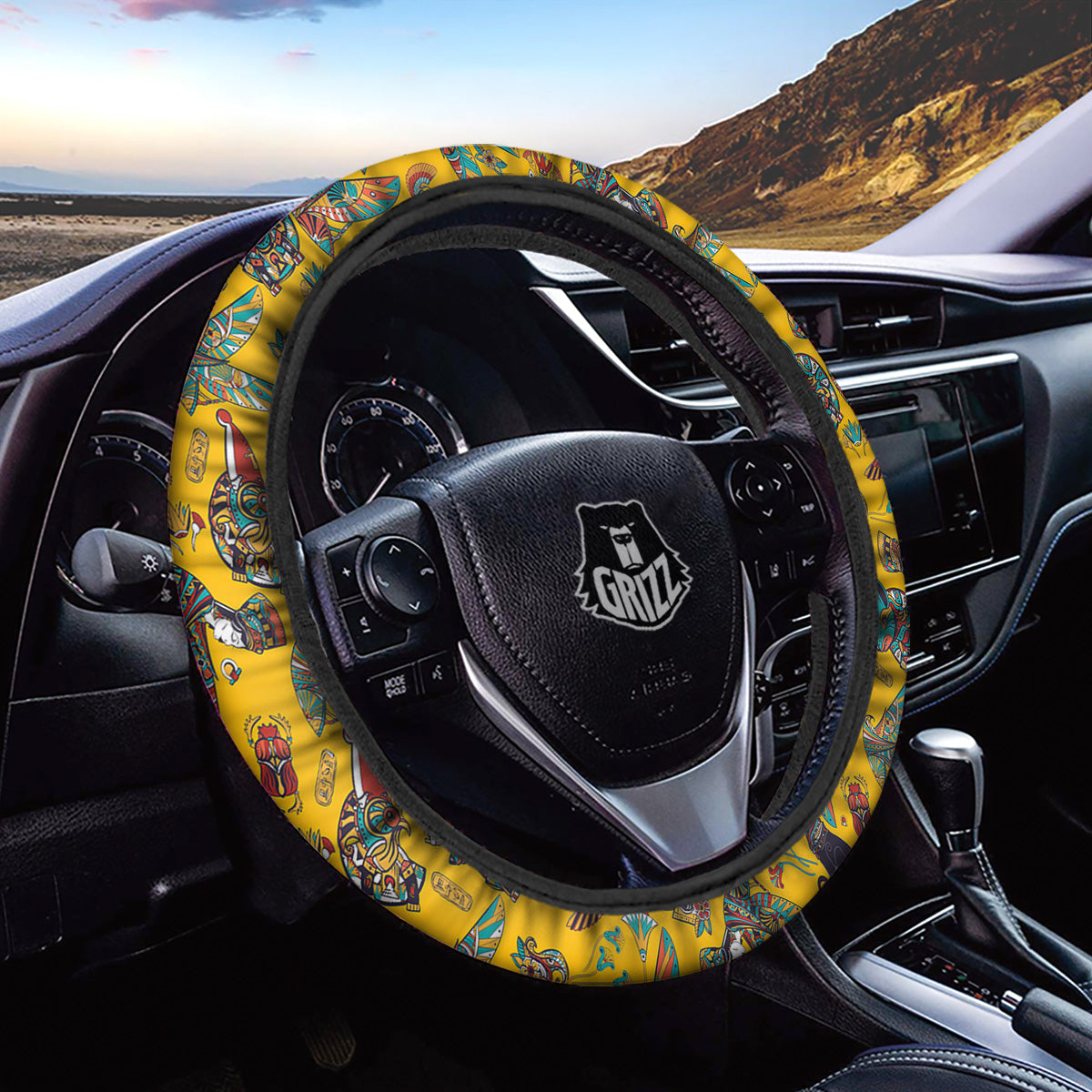 Ancient Egypt Yellow Print Pattern Car Steering Wheel Cover-grizzshop