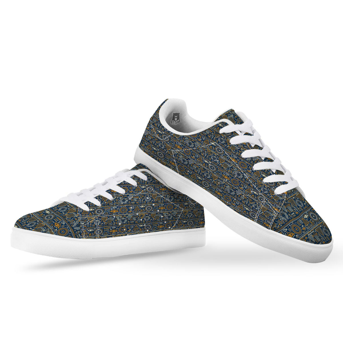 Ancient Egyptian Tribal Blue Print Pattern White Low Top Sneakers-grizzshop