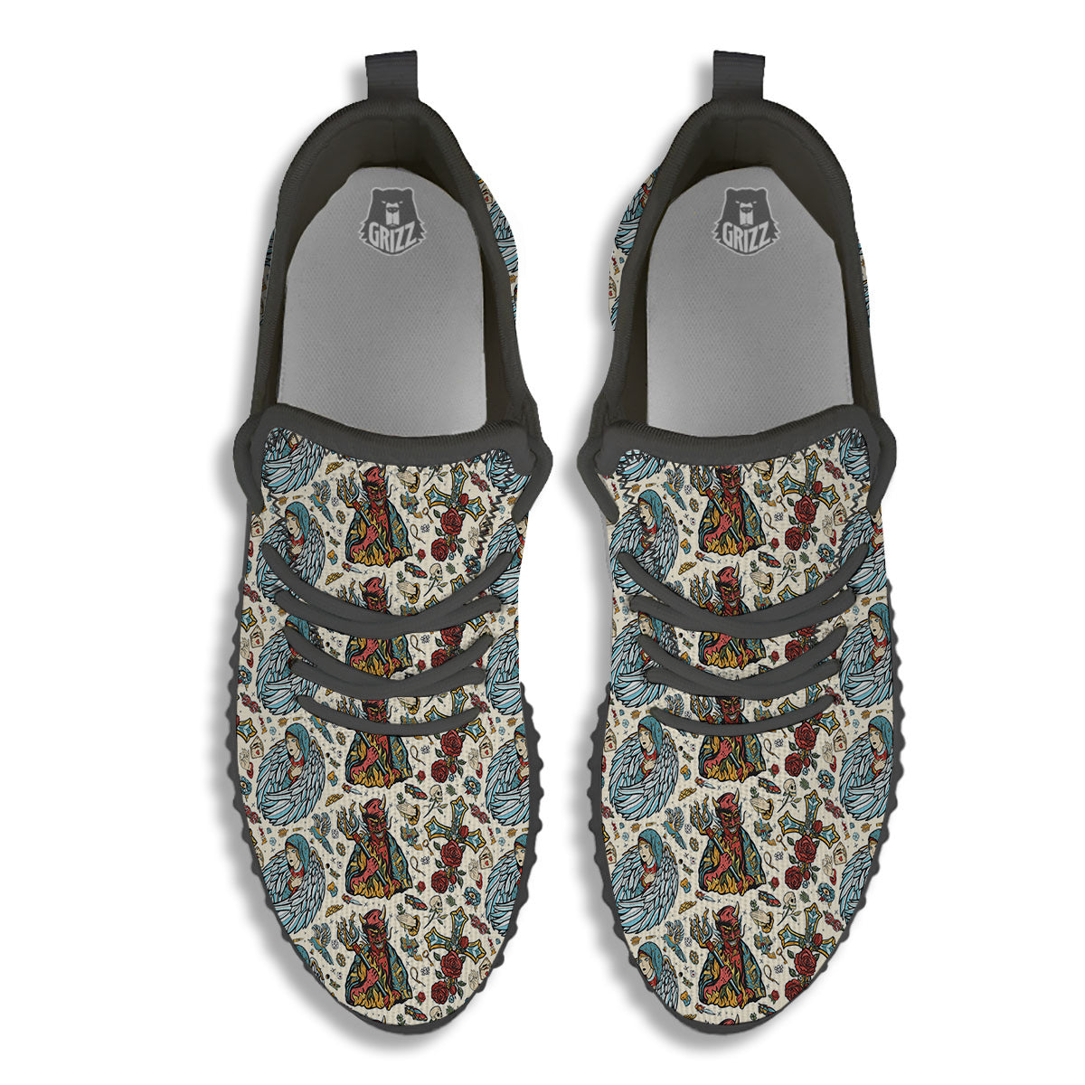 Angel And Demon Old School Tattoo Print Pattern Black Walking Shoes-grizzshop