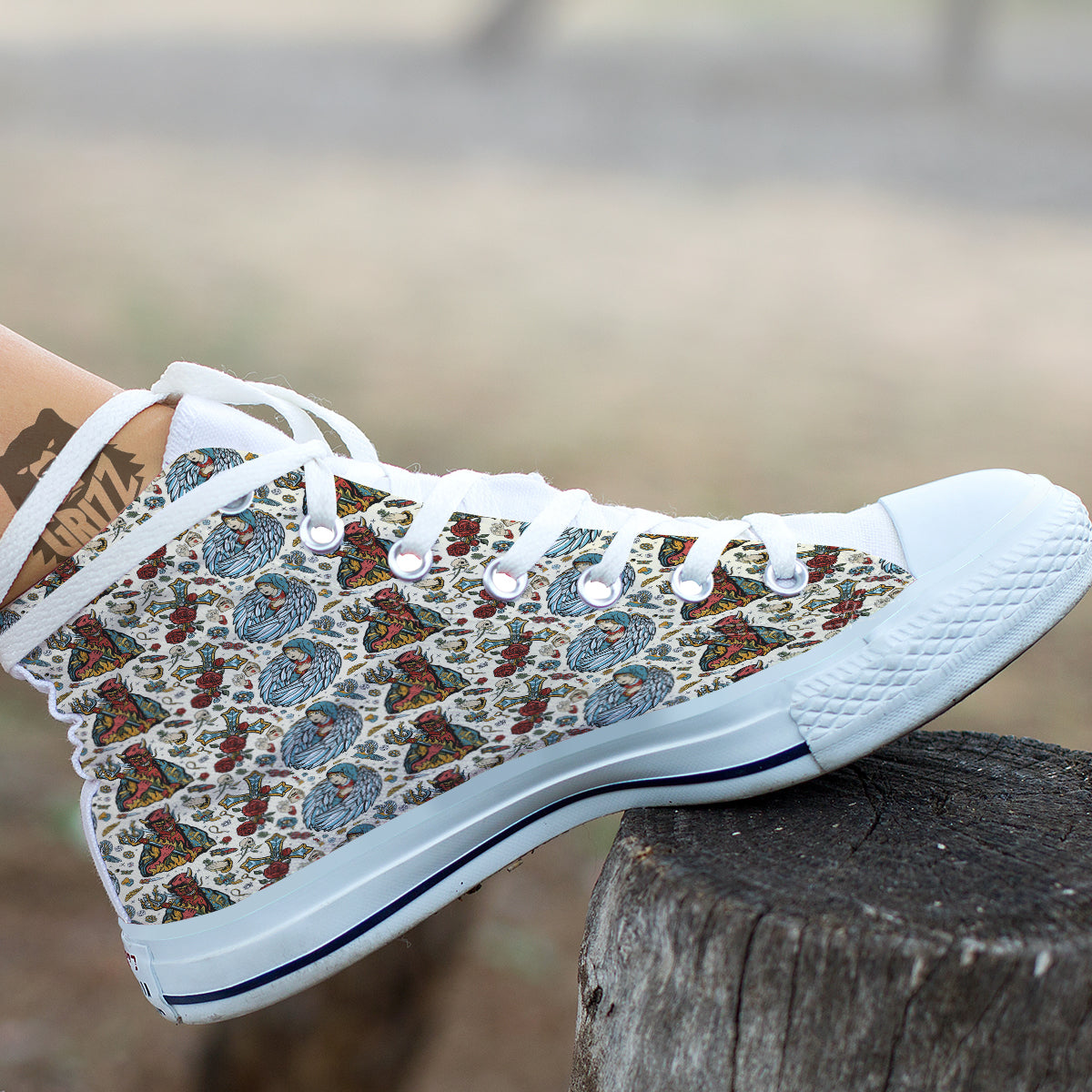Angel And Demon Old School Tattoo Print Pattern White High Top Shoes-grizzshop