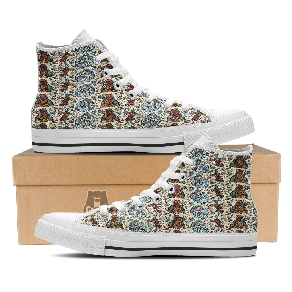 Angel And Demon Old School Tattoo Print Pattern White High Top Shoes-grizzshop