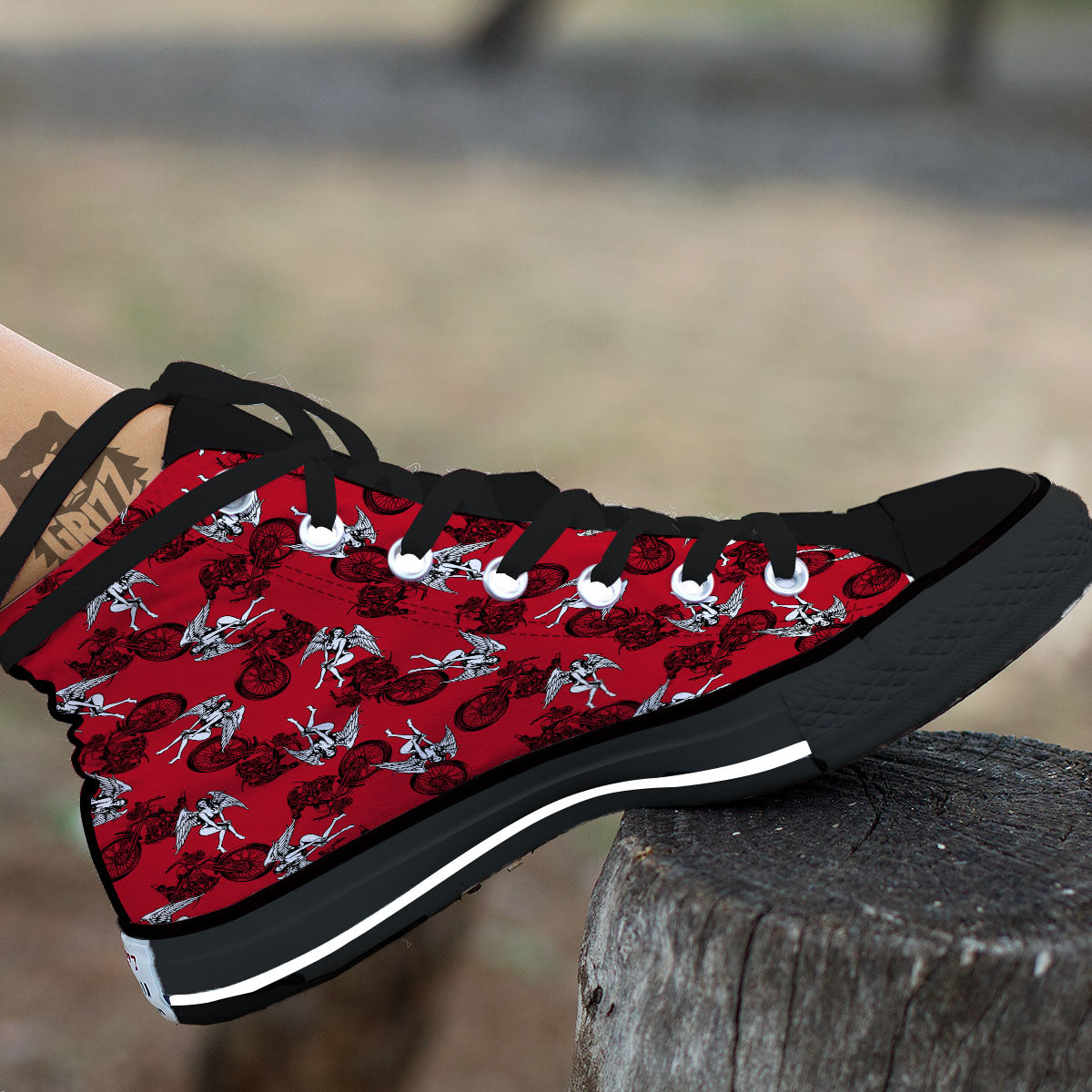 Angel And Motorcycle Print Pattern High Top Shoes-grizzshop