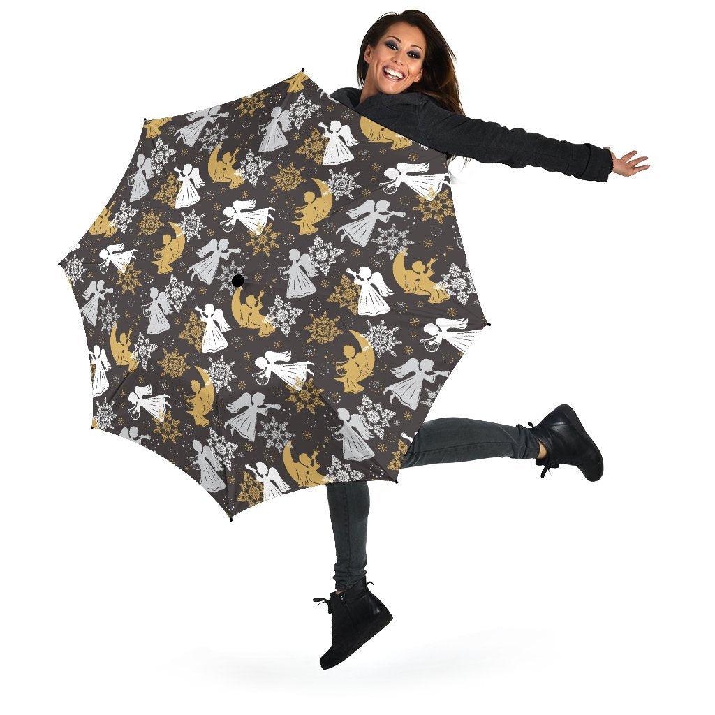 Angel Snowflake Print Pattern Automatic Foldable Umbrella-grizzshop