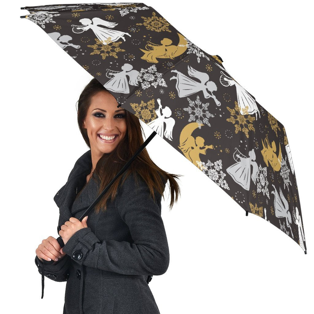 Angel Snowflake Print Pattern Automatic Foldable Umbrella-grizzshop