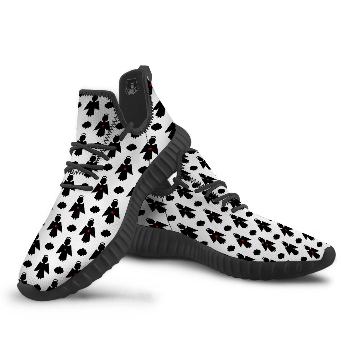 Angel White And Black Print Pattern Black Walking Shoes-grizzshop