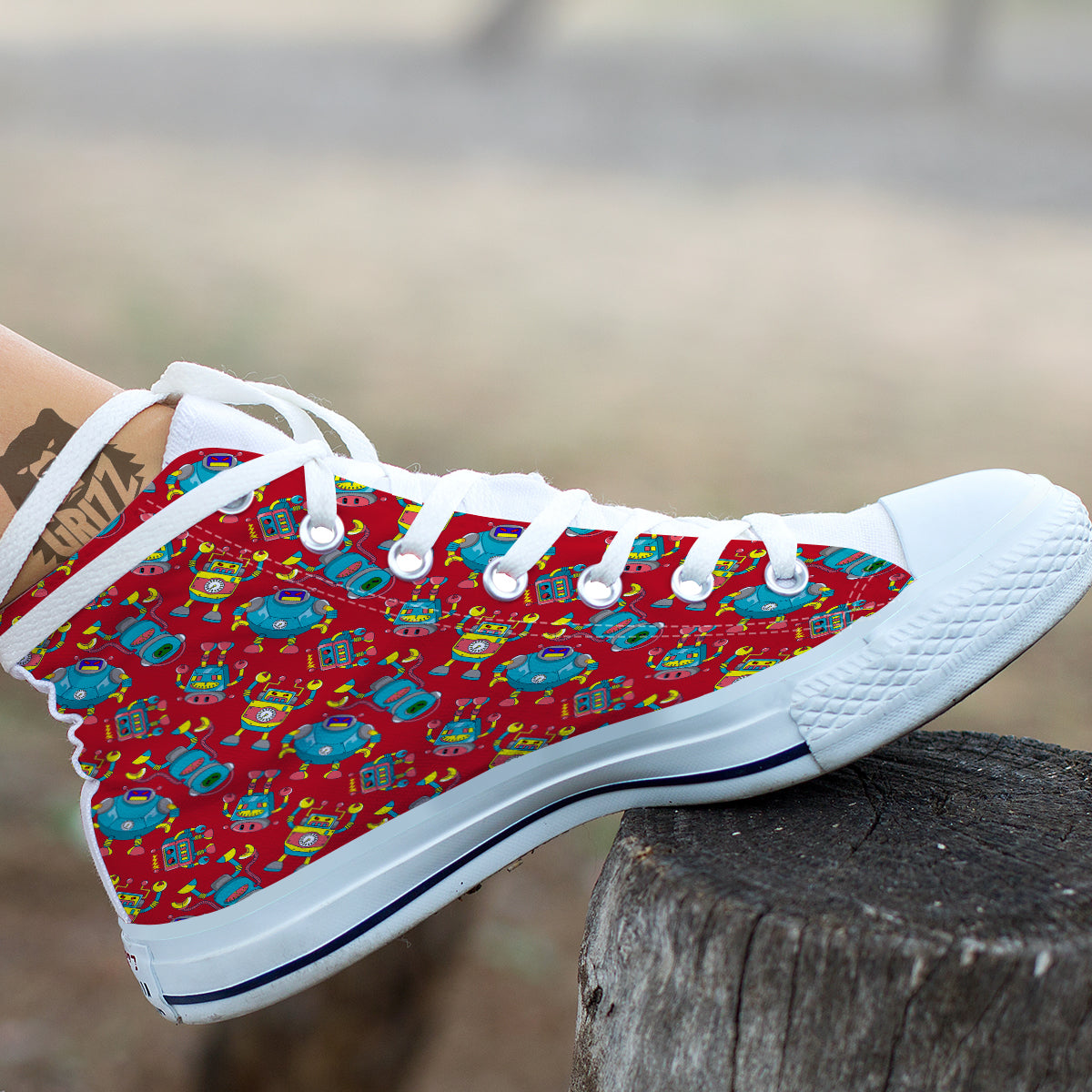 Angry Robot Print Pattern White High Top Shoes-grizzshop