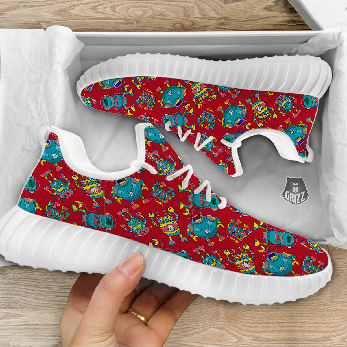 Angry Robot Print Pattern White Walking Shoes-grizzshop