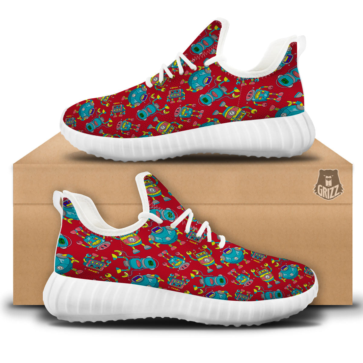 Angry Robot Print Pattern White Walking Shoes-grizzshop