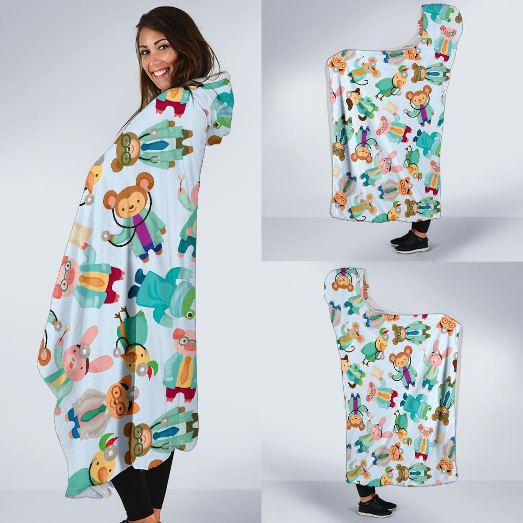 Animal Nurse Pattern Print Hooded Blanket-grizzshop