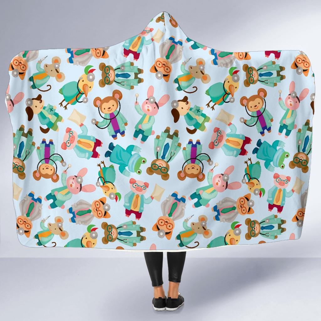 Animal Nurse Pattern Print Hooded Blanket-grizzshop