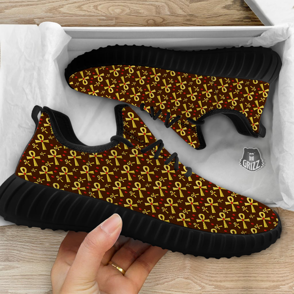 Ankh And Gems Print Pattern Black Walking Shoes-grizzshop